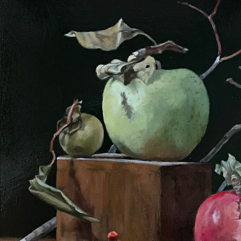 Detail of Still life painting of apples, with knife, pie plate, wild persimmon and branches on a red tablecloth against a dark background by Davette Leonard at Cottage Curator - Sperryville VA Art Gallery