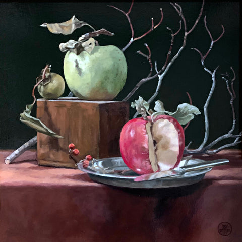 Still life painting of apples, with knife, pie plate, wild persimmon and branches on a red tablecloth against a dark background by Davette Leonard at Cottage Curator - Sperryville VA Art Gallery