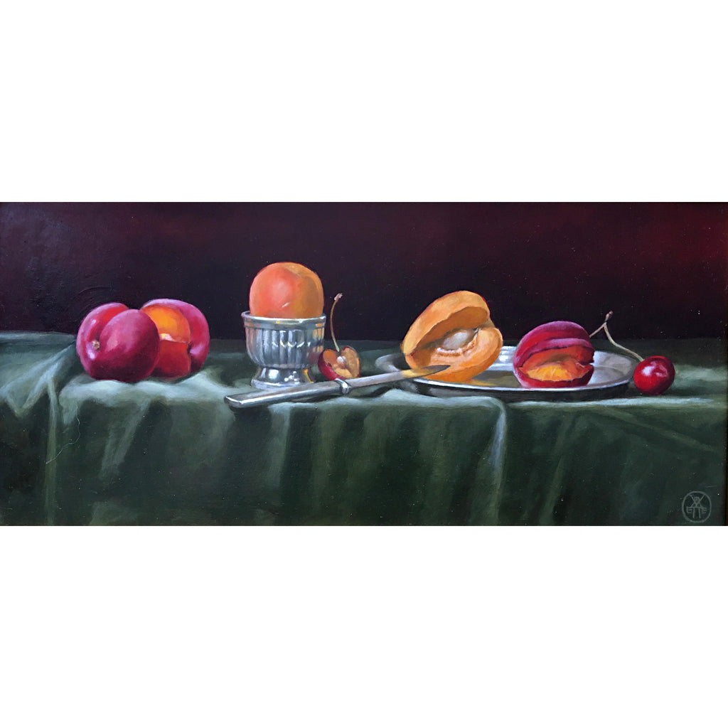 Long, narrow still life with green tablecloth against a dark red background and red and yellow apricots by Davette Leonard at Cottage Curator - Sperryville VA Art Gallery