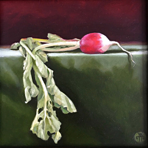 Painting of a red radish with green leaves on a dark green tablecloth against a dark red background by Davette Leonard at Cottage Curator Sperryville VA Art Gallery