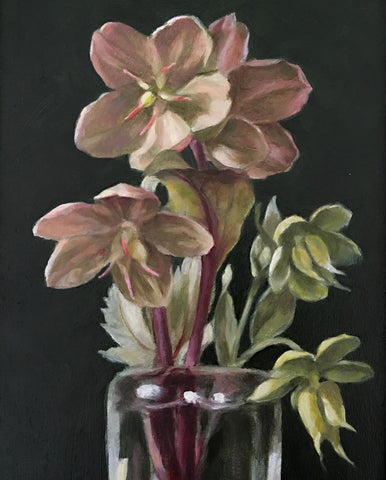 Detail of painting of hellebores in a vase against a black background by Davette Leonard at Cottage Curator - Sperryville VA Art Gallery