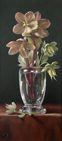 Painting of hellebores in a vase on a rust-colored table cloth against a black background by Davette Leonard at Cottage Curator - Sperryville VA Art Gallery