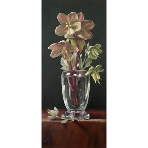Painting of hellebores in a vase on a rust-colored table cloth against a black background by Davette Leonard at Cottage Curator - Sperryville VA Art Gallery