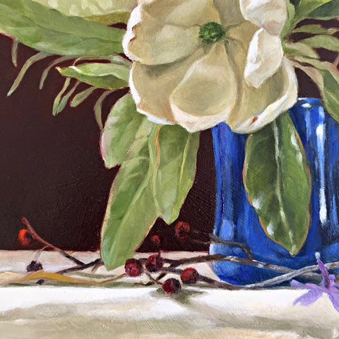 Detail of still-life painting of blue vase on with sweetbay magnolia and purple phlox against a red background by Davette Leonard at Cottage Curator - Sperryville VA Art Gallery