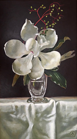 Painting of large white magnolia in a vase on a white tablecloth with red berries by Davette Leonard - Cottage Curator - Sperryville VA Art Gallery