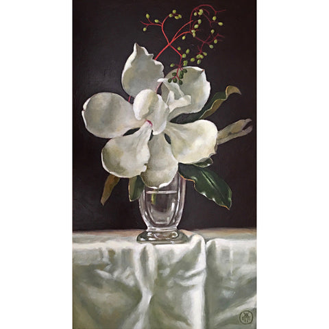 Painting of large white magnolia in a vase on a white tablecloth with red berries by Davette Leonard - Cottage Curator - Sperryville VA Art Gallery