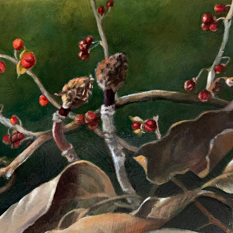 Detail of branches from Still life oil painting of branches of magnolia leaves with a nautilus shell and crabapples on a red table cloth with a dark green background by Davette Leonard - Cottage Curator - Sperryville VA Art Gallery