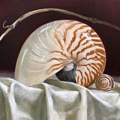 Detail of still life painting of a nautilus shell on white table cloth with red background and grapevine arching over the shell by Davette Leonard at Cottage Curator - Sperryville VA Art Gallery