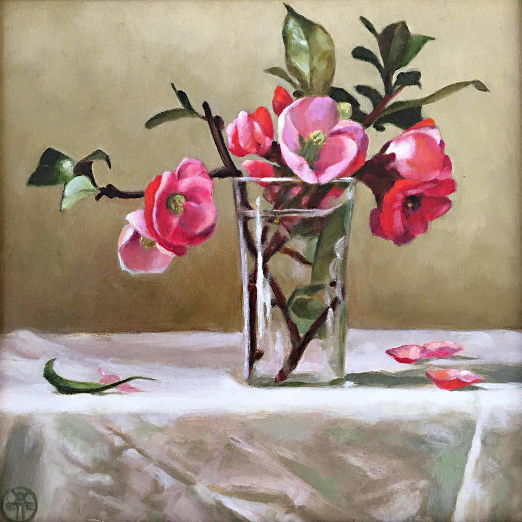 Painting of pink quince with leaves and stems in a vase on a table with white tablecloth and tan background by Davette Leonard at Cottage Curator, Sperryville VA Art Gallery