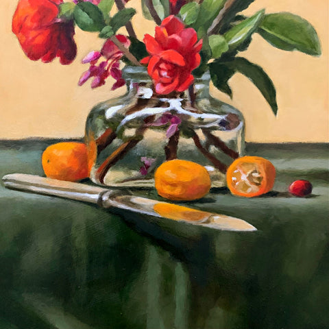 Detail of still life painting with red quince and redbud in vase on green cloth tabletop with knife and kumquats by Davette Leonard at Cottage Curator - Sperryville VA Art Gallery