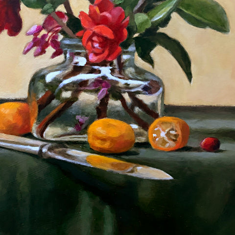 Detail of still life painting with red quince and redbud in vase on green cloth tabletop with knife and kumquats by Davette Leonard at Cottage Curator - Sperryville VA Art Gallery