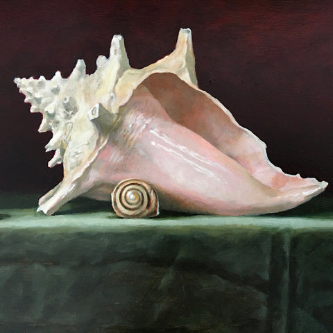 Detail of painting of a green tablecloth with a large conch shell and small shell against a dark red background by Davette Leonard at Cottage Curator - Sperryville VA Art Gallery