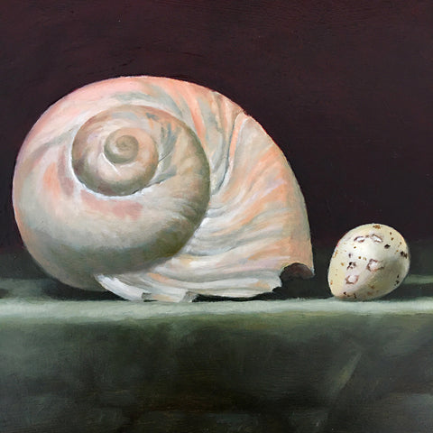 Detail of painting of a green tablecloth with a large shell and small quail egg against a dark red background by Davette Leonard at Cottage Curator - Sperryville VA Art Gallery
