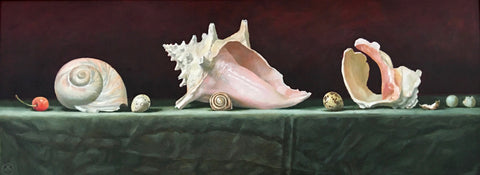 Painting of a table laid with green tablecloth, shells, cherry, and quail eggs against a dark red background by Davette Leonard at Cottage Curator - Sperryville VA Art Gallery