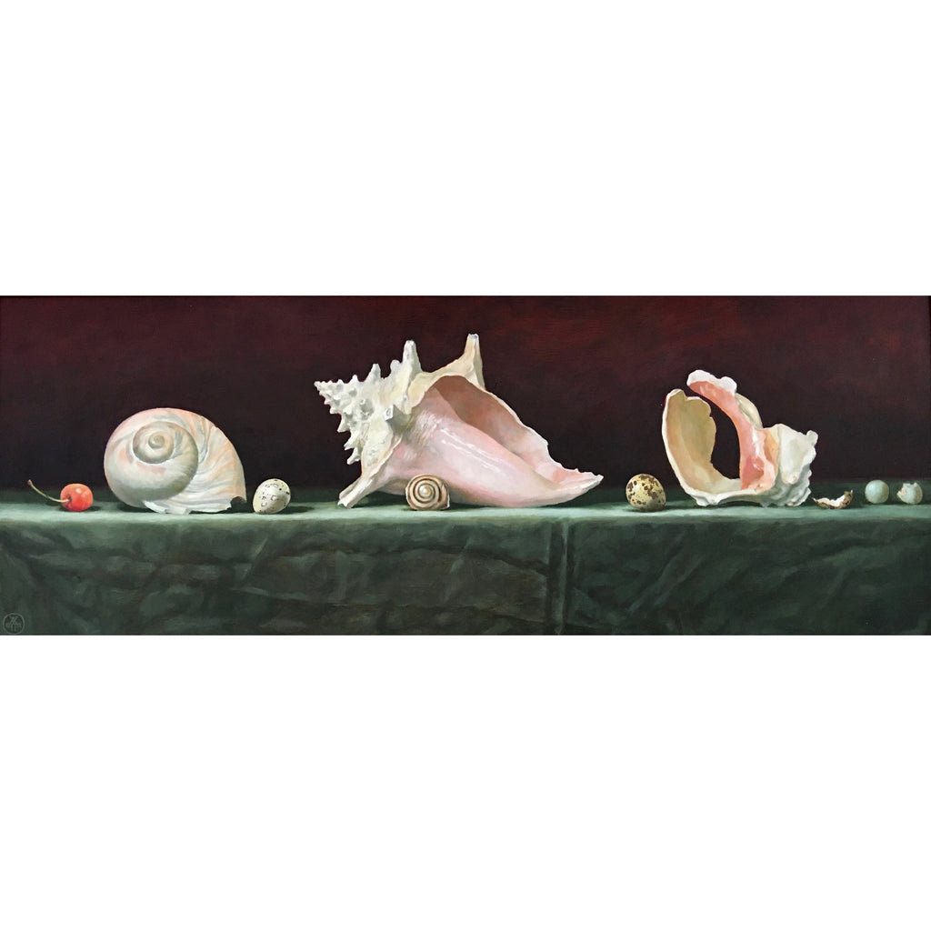 Painting of a table laid with green tablecloth, shells, cherry, and quail eggs against a dark red background by Davette Leonard at Cottage Curator - Sperryville VA Art Gallery 