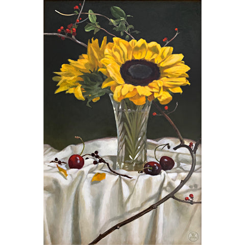 Still life painting with sunflowers in a vase on white tablecloth against a dark background with bittersweet vine and cherries by Davette Leonard at Cottage Curator - Sperryville VA Art Gallery