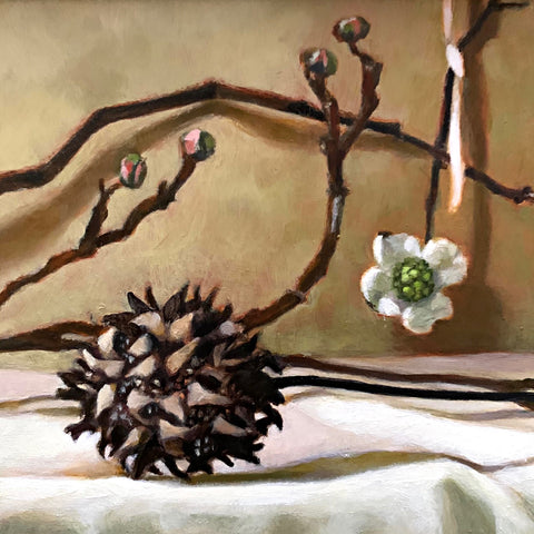 Detail of still life painting of sweetgum and dogwood on white cloth-covered tabletop by Davette Leonard at Cottage Curator - Sperryville VA Art Gallery