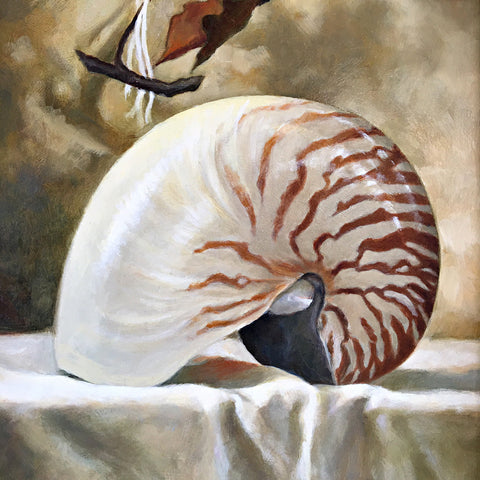 Painting of nautilus shell on white table cloth with dried leaves in background by Davette Leonard at Cottage Curator - Sperryville VA Art Gallery