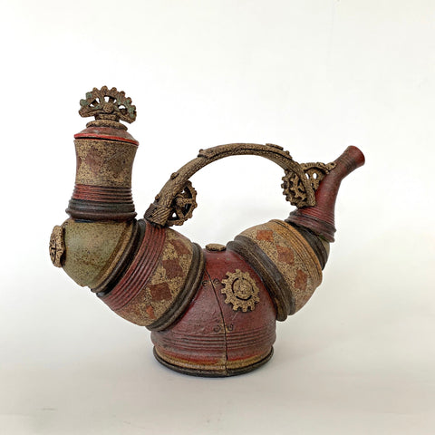 Clay teapot with steampunk style pieces and metal appearance in browns and reds by Steve Palmer at Cottage Curator - Sperryville VA Art Gallery