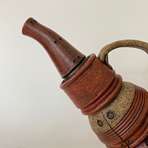 Detail of Red/orange clay teapot with mechanical, steampunk style by Steve Palmer at Cottage Curator - Sperryville VA Art Gallery