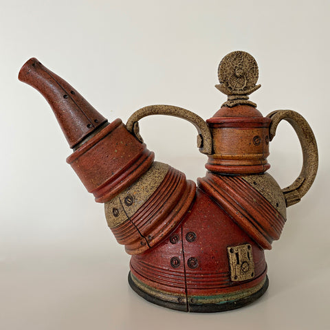 Red/orange clay teapot with mechanical, steampunk style by Steve Palmer at Cottage Curator - Sperryville VA Art Gallery