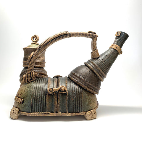 Ceramic teapot that appears to be made of jointed metal pieces by Steve Palmer at Cottage Curator art gallery in Sperryville Virginia