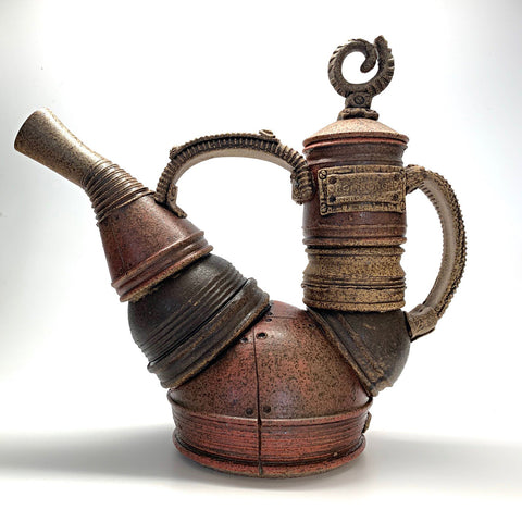 Ceramic teapot that appears to be made of jointed metal pieces by Steve Palmer at Cottage Curator art gallery in Sperryville Virginia