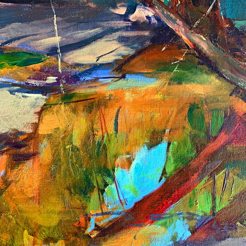 Detail of Abstract landscape painting in gestural strokes of oranges, greens, blues by Clive Pates at Cottage Curator - Sperryville VA Art Gallery