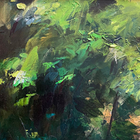Detail of landscape painting of trail and trees with grass in gestural style by Clive Pates at Cottage Curator - Sperryville VA Art Gallery