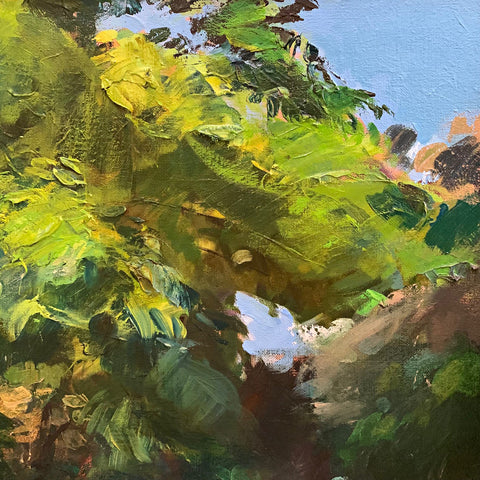 Detail of landscape painting of trail and trees with grass in gestural style by Clive Pates at Cottage Curator - Sperryville VA Art Gallery