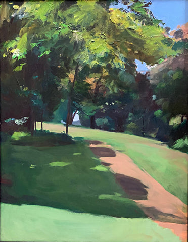 Landscape painting of trail and trees with grass in gestural style by Clive Pates at Cottage Curator - Sperryville VA Art Gallery