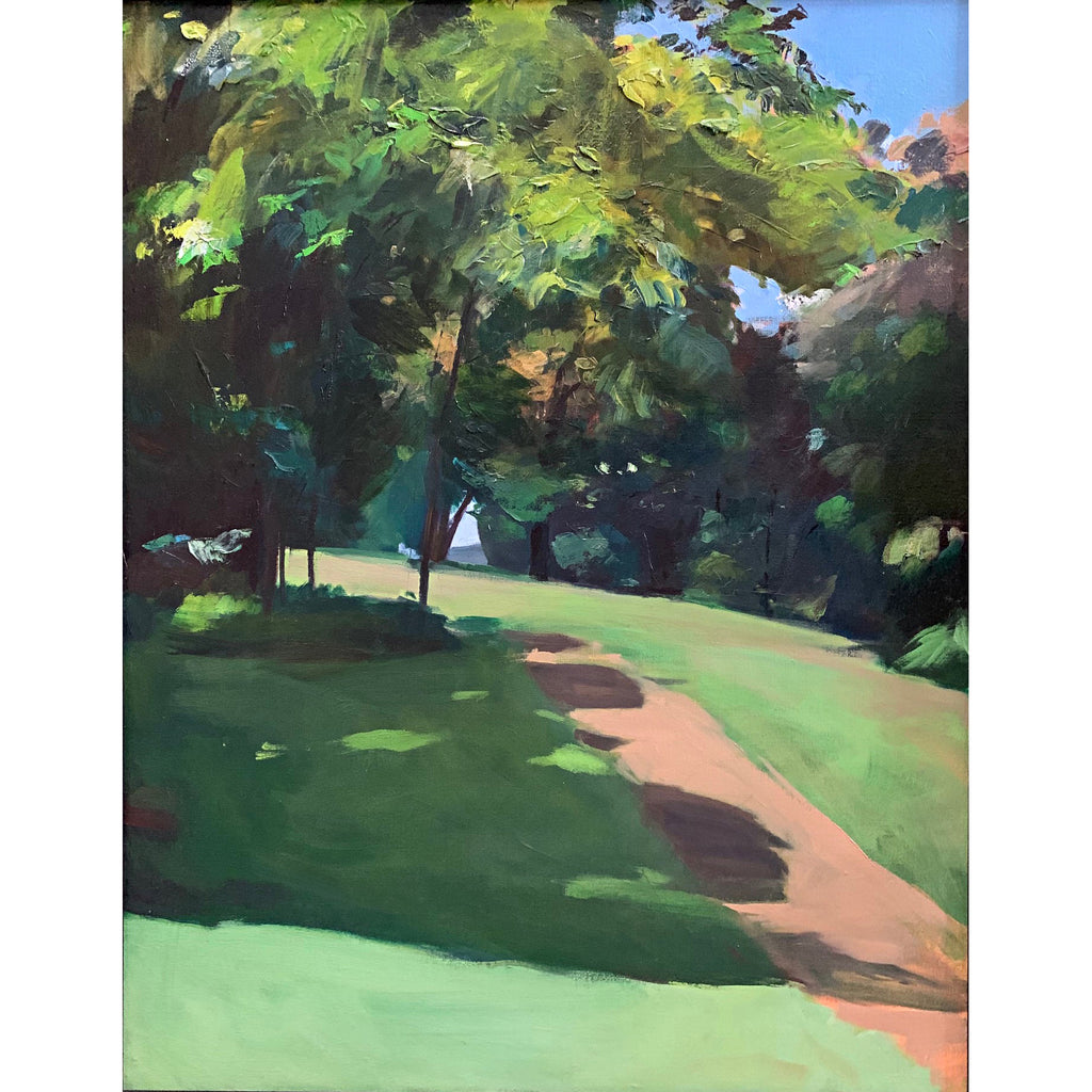 Landscape painting of trail and trees with grass in gestural style by Clive Pates at Cottage Curator - Sperryville VA Art Gallery