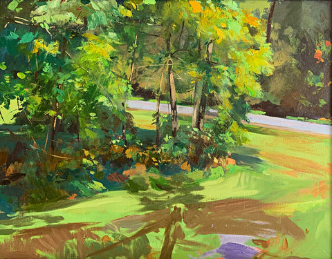 Landscape painting of trail with trees and grass in gestural style by Clive Pates at Cottage Curator - Sperryville VA Art Gallery