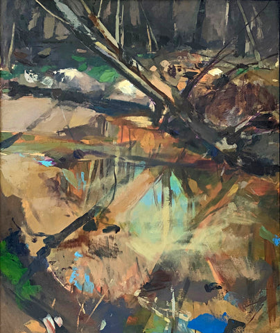 Abstract landscape painting in gestural brushstrokes of trees on the edge of the water with reflection by Clive Pates at Cottage Curator - Sperryville VA Art Gallery