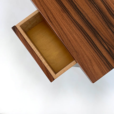 Top view of accent table in Bolivian rosewood and maple with drawer open by Lynn Pittinger at Cottage Curator - Sperryville VA Art Gallery