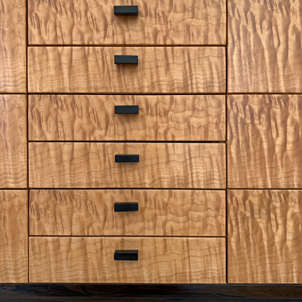 Detail view of quilted maple chest with six small drawers by Lynn Pittinger at Cottage Curator - Sperryville VA Art Gallery