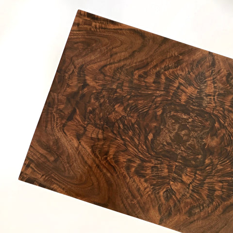 Detail of top on table in Claro Walnut and Quilted Maple by Lynn PIttinger at Cottage Curator - Sperryville VA Art Gallery