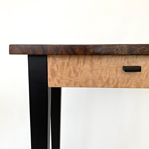 Detail of table with drawer in Claro Walnut and Quilted Maple by Lynn PIttinger at Cottage Curator - Sperryville VA Art Gallery