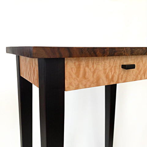 Detail of table with drawer in Claro Walnut and Quilted Maple by Lynn PIttinger at Cottage Curator - Sperryville VA Art Gallery