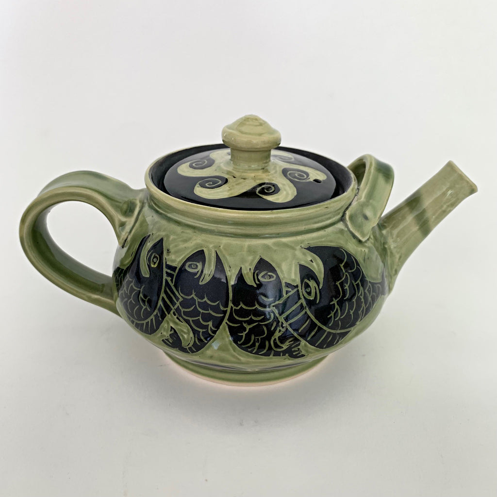 Stoneware teapot with fish in green and black glaze by Neal Reed at Cottage Curator - Sperryville VA Art Gallery