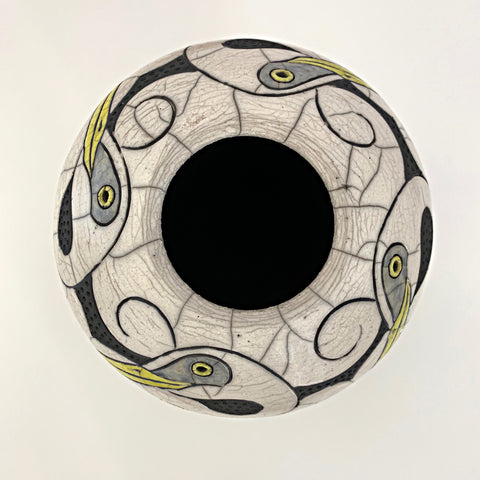 Detail of Wheel Thrown, carved, raku clay vessel in black, white and yellow with four egrets by Robin Rodgers at Cottage Curator - Sperryville VA Art Gallery