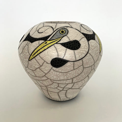 Wheel Thrown, carved, raku clay vessel in black, white and yellow with four egrets by Robin Rodgers at Cottage Curator - Sperryville VA Art Gallery