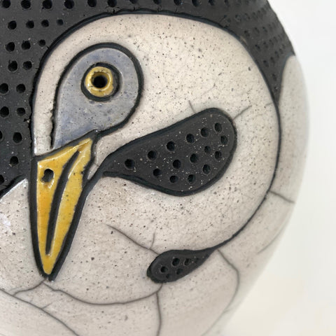 Detail of Raku black, white, gray and yellow stoneware vessel with egrets and lid in the shape of an egret by Robin Rodgers at Cottage Curator - Sperryville VA Art Gallery