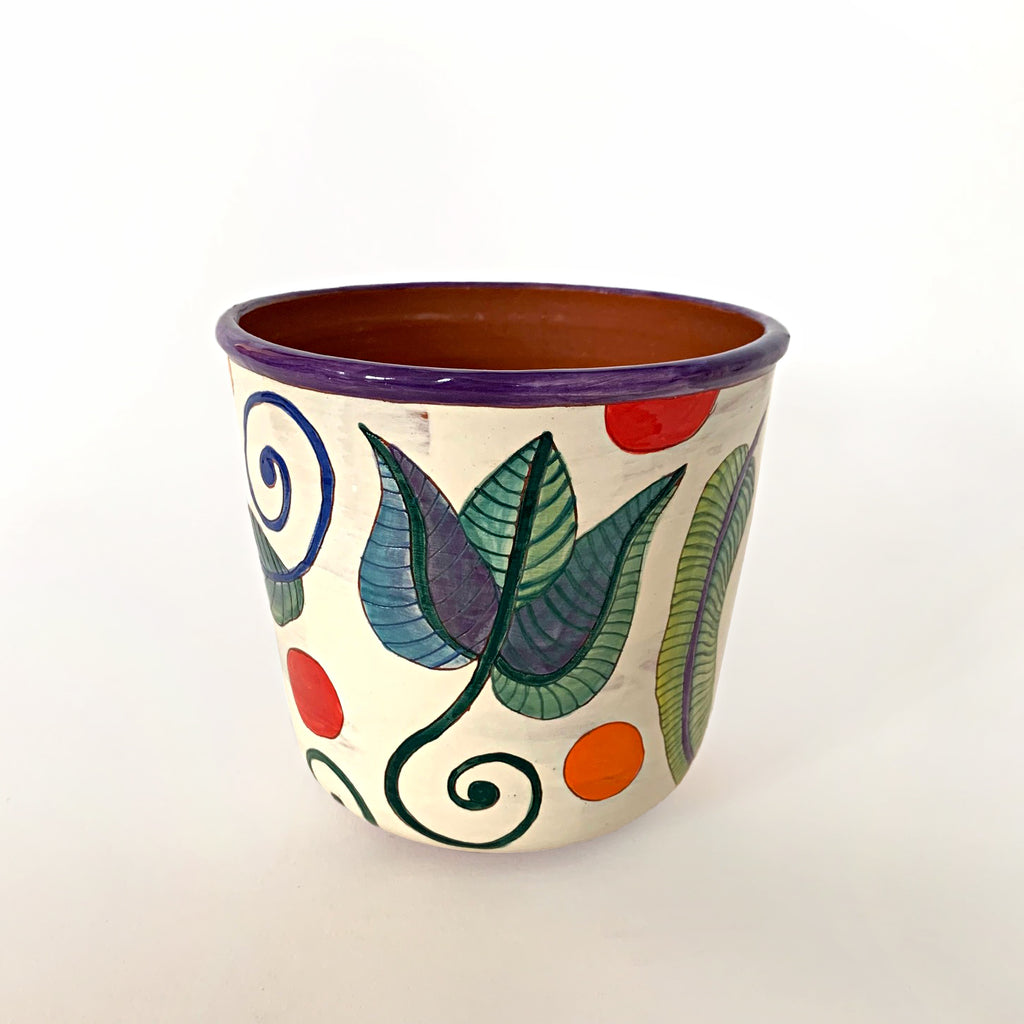 Ceramic pot with green, blue and purple plants and multi-colored polka dots with clay interior by Sara Schneidman at Cottage Curator - Sperryville VA Art Gallery