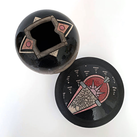 Suite of two ceramic pieces by Andy Smith - one tall vase and one short cache vessel - in black and white raku glaze with peach and pink details. Available at Cottage Curator - Sperryville VA Art Gallery