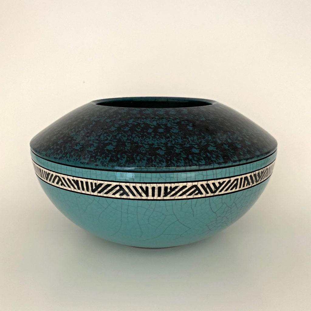 Clay vessel with black upper and turquoise lower and band of black and white with crackling all over by Andy Smith - Cottage Curator - Sperryville VA Art Gallery
