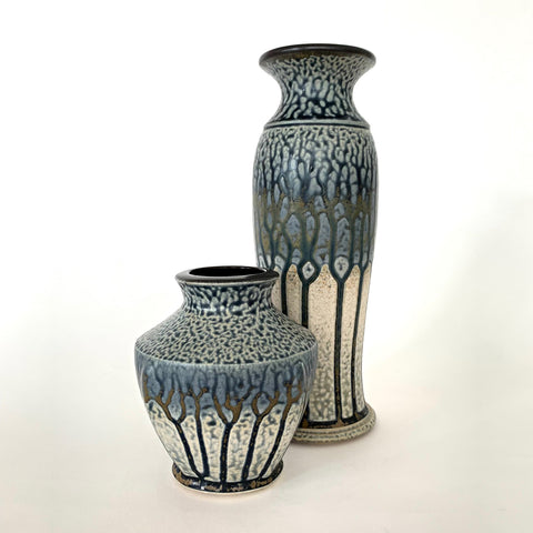 Suite of two vessels - one tall and one short with wood ash glaze in white, blue and ochre by Frank Stofan at Cottage Curator - Sperryville VA Art Gallery