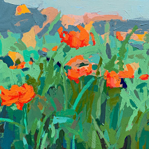 Detail of "Coreopsis" - a painting of orange flowers within a green foreground with blue sky in the background in style by Krista Townsend at Cottage curator - Sperryville VA