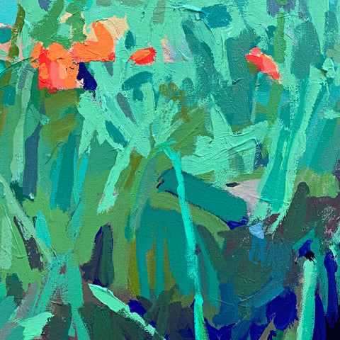 Detail of "Coreopsis" - a painting of orange flowers within a green foreground with blue sky in the background in style by Krista Townsend at Cottage curator - Sperryville VA