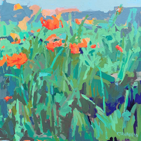 "Coreopsis" - a painting of orange flowers within a green foreground with blue sky in the background in style by Krista Townsend at Cottage curator - Sperryville VA